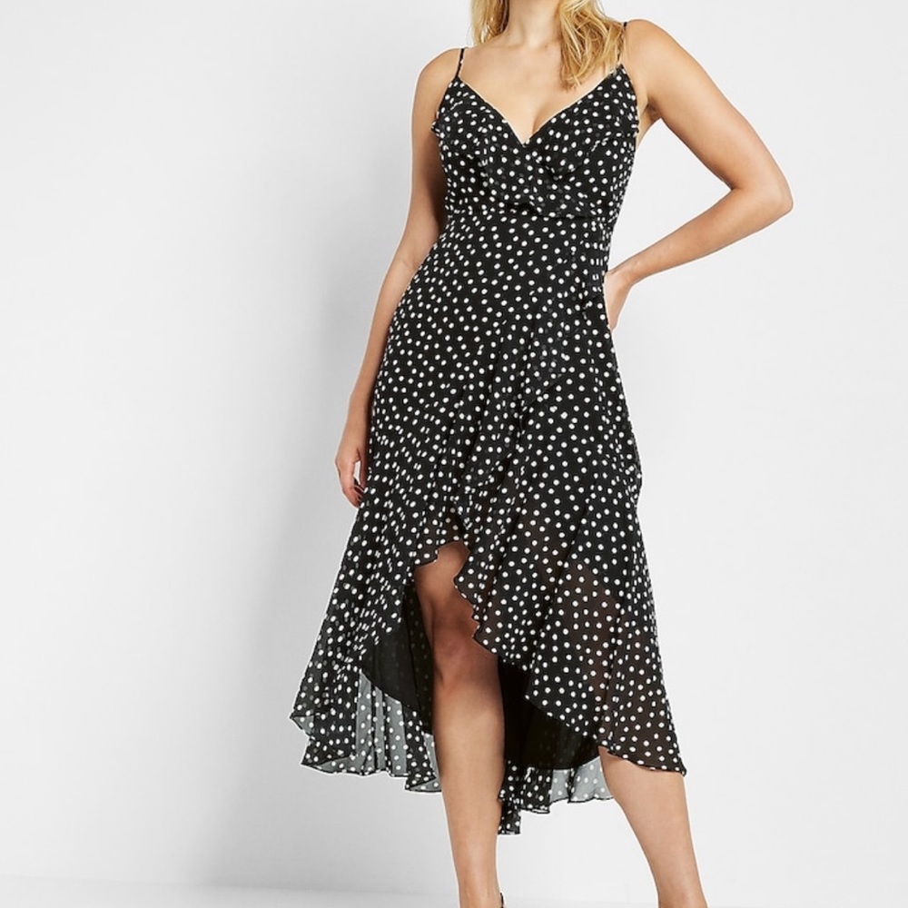 Express Polka Dot Ruffle Wrap Front High-Lo Midi Dress